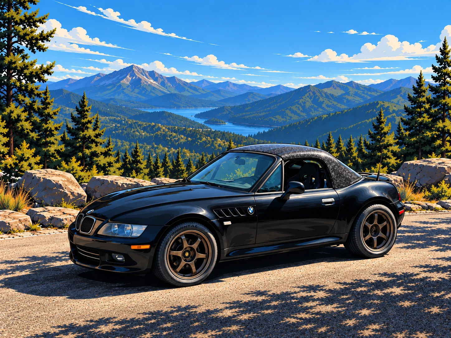 Illustration of the black BMW Z3 with bronze wheels and a carbon fastback hardtop overlooking forested mountains and lakes.